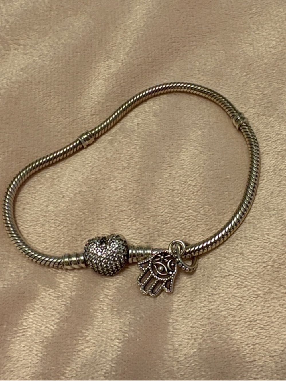 Pandora Bracelet with Sparkling Heart Bead and Silver Hamsa Charm